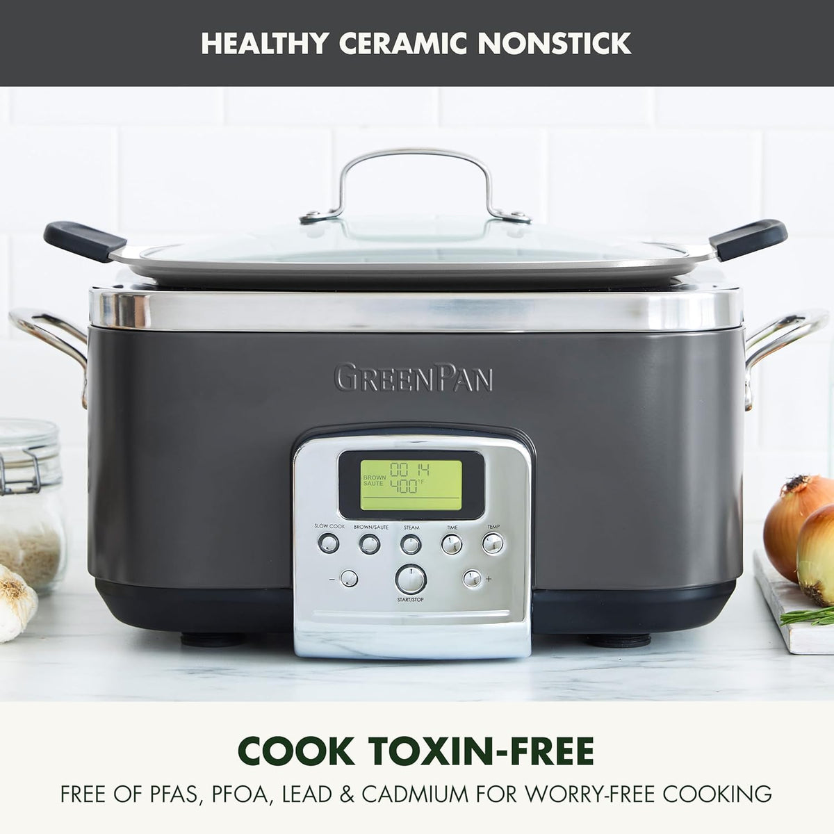 GreenPan Elite 8-in-1 Programmable 6QT Electric Slow Cooker, Dishwasher Safe Lid & Removable Crock, PFAS-Free Healthy Ceramic Nonstick Multi-Cooker, Sear,Sauté/Brown,Steam Basket,Roast, Graphite