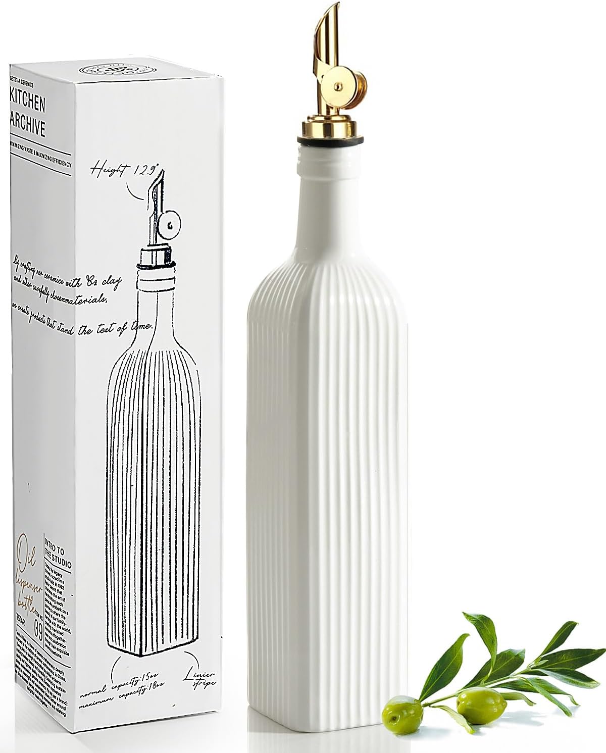 getstar 18 oz Olive Oil Dispenser Bottle for Kitchen, Ceramic Oil Bottle with Automatic Stainless Steel Pourer (Golden Pourer)