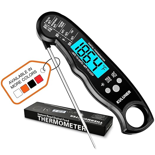 KULUNER TP-01 Waterproof Digital Instant Read Meat Thermometer with 4.6 Folding Probe Backlight Calibration Function for Cooking Food Candy, BBQ Grill, Liquids,Beef(Black)