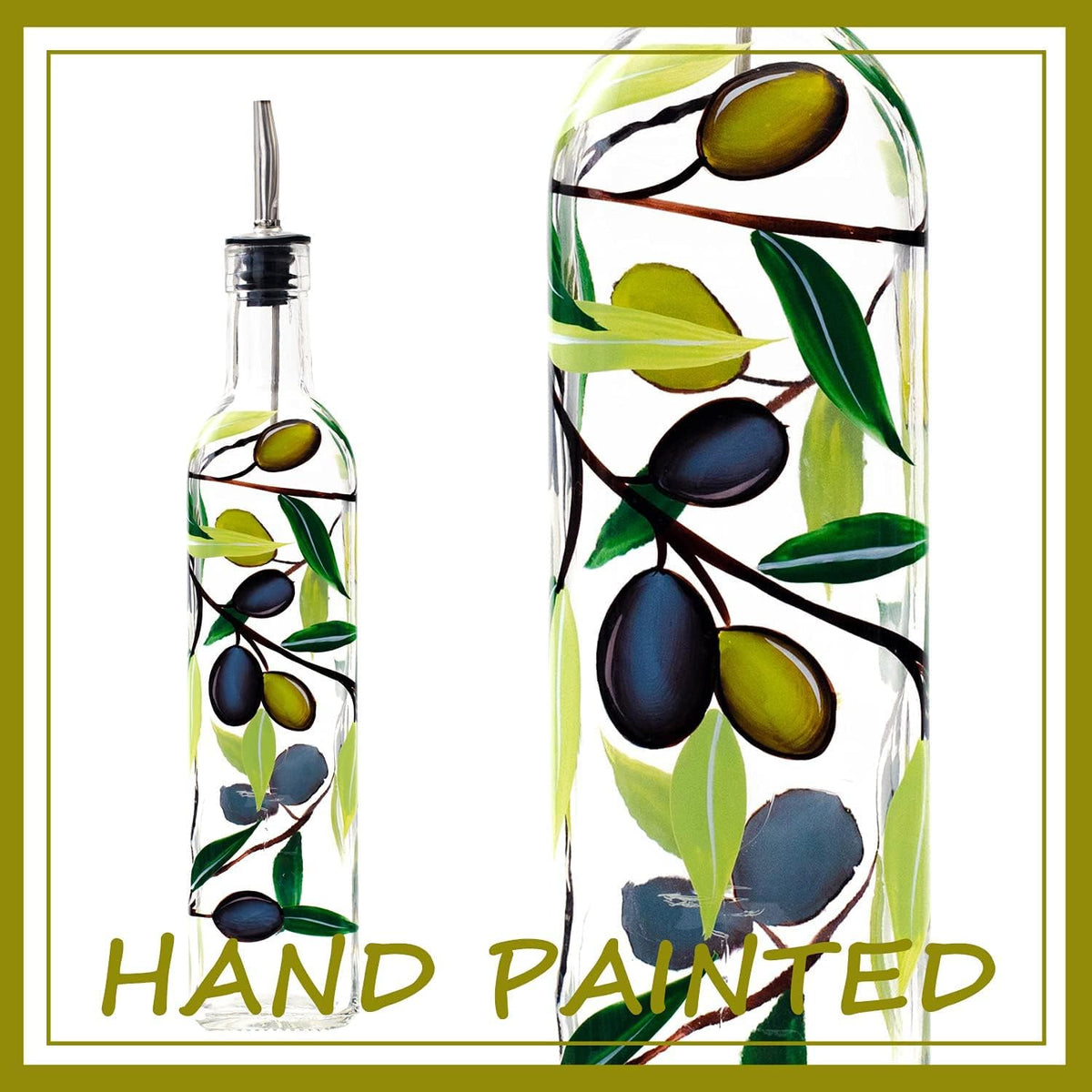 17oz Hand Painted Glass Olive Oil Bottle Dispenser- 500ml Green Oil & Vinegar Cruet with Pourers - Olive Oil Carafe Decanter for Kitchen (olive)