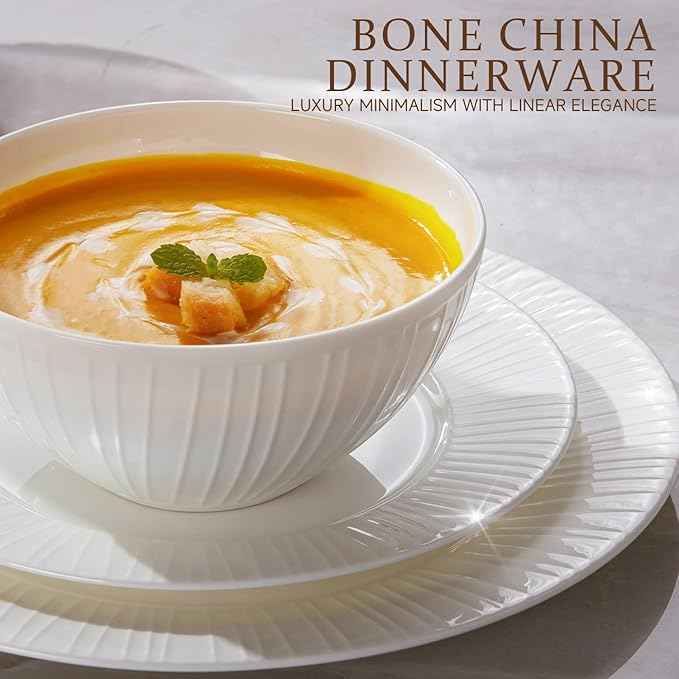 KINGSTONE 24-Piece Bone China Dinnerware Set with 40-Piece flatware, White Lightweight Porcelain Service for 8, for Family Dining, Restaurants, Gifting，Microwave and Dishwasher Safe