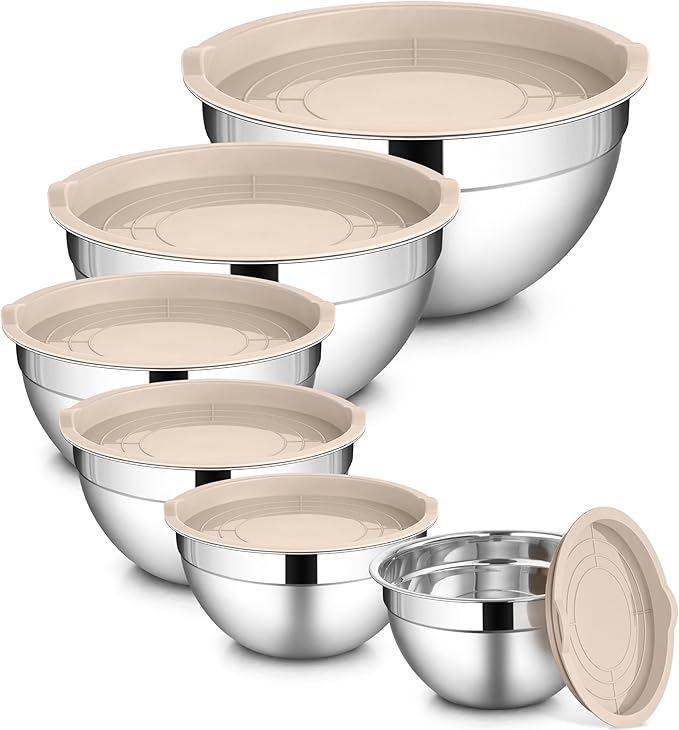 LIANYU Mixing Bowls with Airtight Lids Set, 6 Piece Stainless Steel Metal Kitchen Nesting Bowl, Size 7, 3.5, 2.5, 2, 1.5, 1QT for Prepping, Baking & Food Storage, Dishwasher & Freezer Safe, Khaki