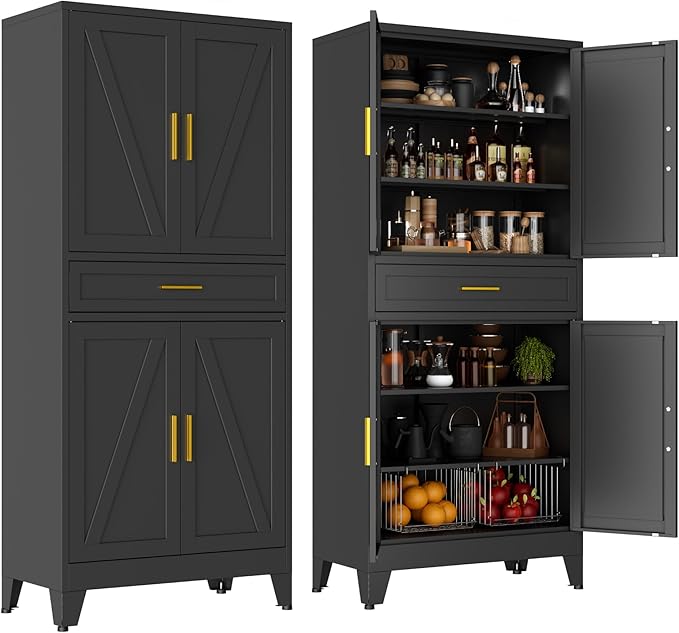 71" Tall Pantry Storage Cabinet with Drawer and Adjustable Shelves, Freestanding Tall Kitchen Cupboard Storage Cabinet for Kitchen,Dining Room, Living Room, Black