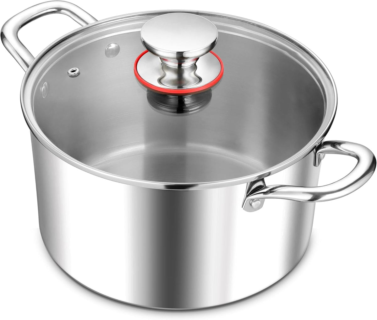 E-far 5 Quart Stock Pot with Lid, 18/10 Tri-ply Stainless Steel Stockpot for Induction Ceramic Gas Stoves, Heavy Duty Cooking Pot for Pasta Soup Stewing Simmering, Oven and Dishwasher Safe
