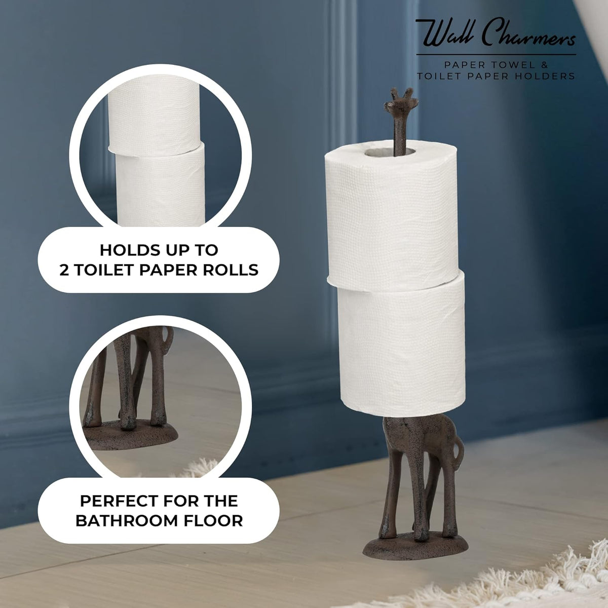 WallCharmers Rustic Paper Towel Holder, Metal Toilet or Kitchen Paper Holder for Floor or Countertop, Rustic Giraffe