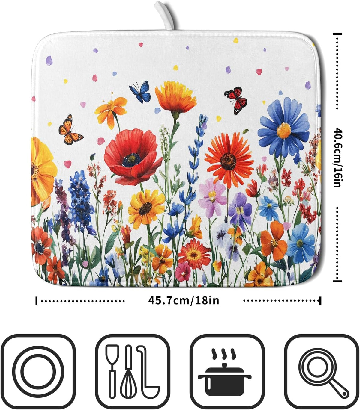 Watercolor Flower Dish Drying Mat 16x18 Inch Floral Butterfly Dish Drainer Protector Pad Washable Reversible Kitchen Counter Dish Dry Pad