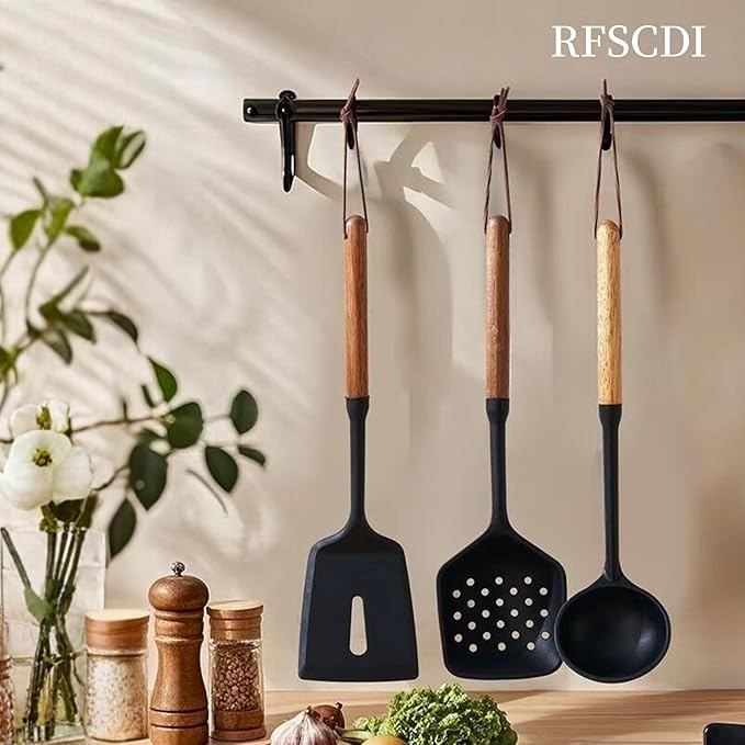 Exquisite Silicone Cooking Utensils Set - Non-Toxic, Heat-Resistant Kitchen Utensils Set with Food-Grade Silicone & Wood Handles - Includes Spatula & Spoon for Non-Stick Cookware, Black