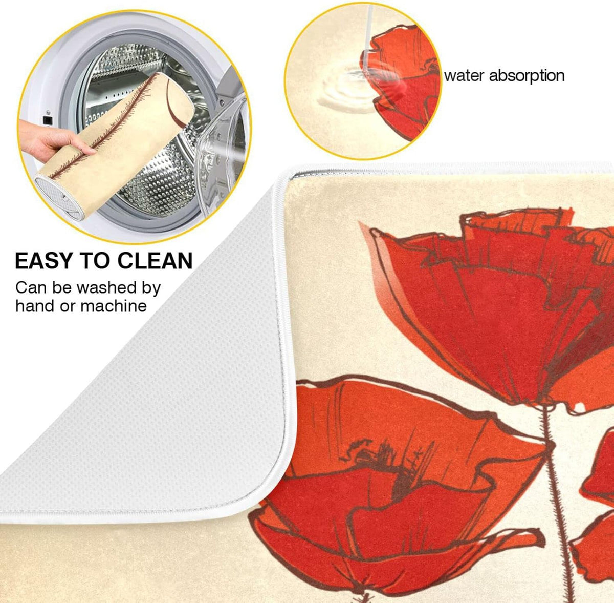 senya Super Absorbent Dish Drying Mat, Microfiber Fast-Drying Dish Mat, 16'' x 18'', Kitchen Dish Drying Pad, Red Poppy Flowers Retro, (g289343169p523c558s1113)