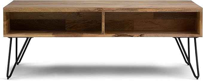SIMPLIHOME Hunter Lift Top Coffee Table - 48 inch Wide Solid Mango Wood and Metal Industrial Cocktail Table in Natural, Functional Living Room Table with 2 Storage Cubbies and Hairpin Legs