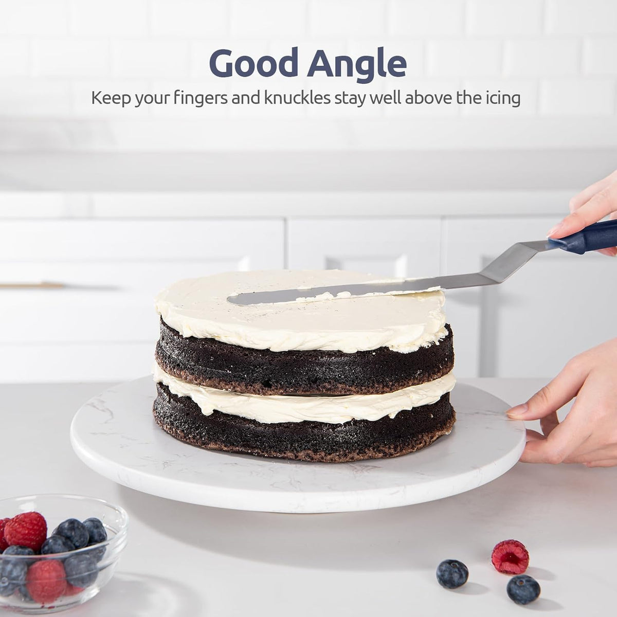 U-Taste Offset Spatula for Cake: Angled Icing Spatula Set with Wide 6", 8", 10" Blade, Flexible Stainless Steel Pastry Decorating Frosting Metal Baking Spreader for Cupcake (Set of 3, Midnight Blue)