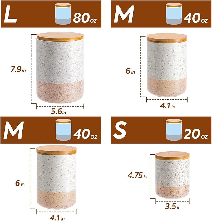Yangbaga Canisters Sets for Kitchen Countertop-Set of 4 Ceramic Kitchen Canisters Food Storage Jar with Airtight Wood Lids & Spoons & Label,Large Flour and Sugar Containers for Serving Ground Coffee