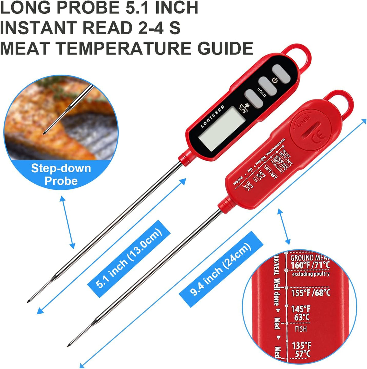 Lonicera Digital Cooking Thermometer for Bread Baking, Food and Water Temperature Measurement. Waterproof and Long Stem with Meat Temp Guide, Display with Backlit (Red)