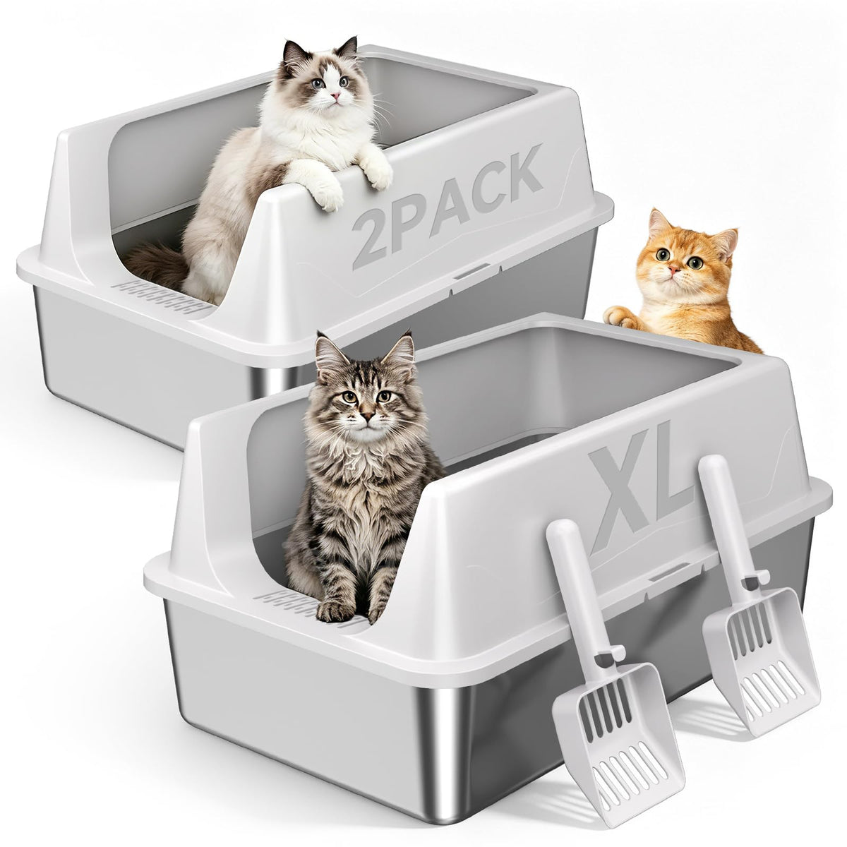 Tevila 2 Pack XL Stainless Steel Litter Box with High Sides for Large Cat