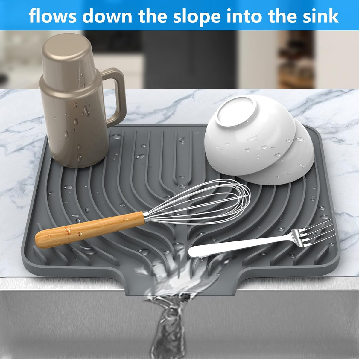 Dish Drying Matt for Kitchen Counter,14.6"×11"Silicone Dry Rack Mat with Built in Drain, Kitchen Dry Mats for Dishes Drying Pad for Counter(gray)