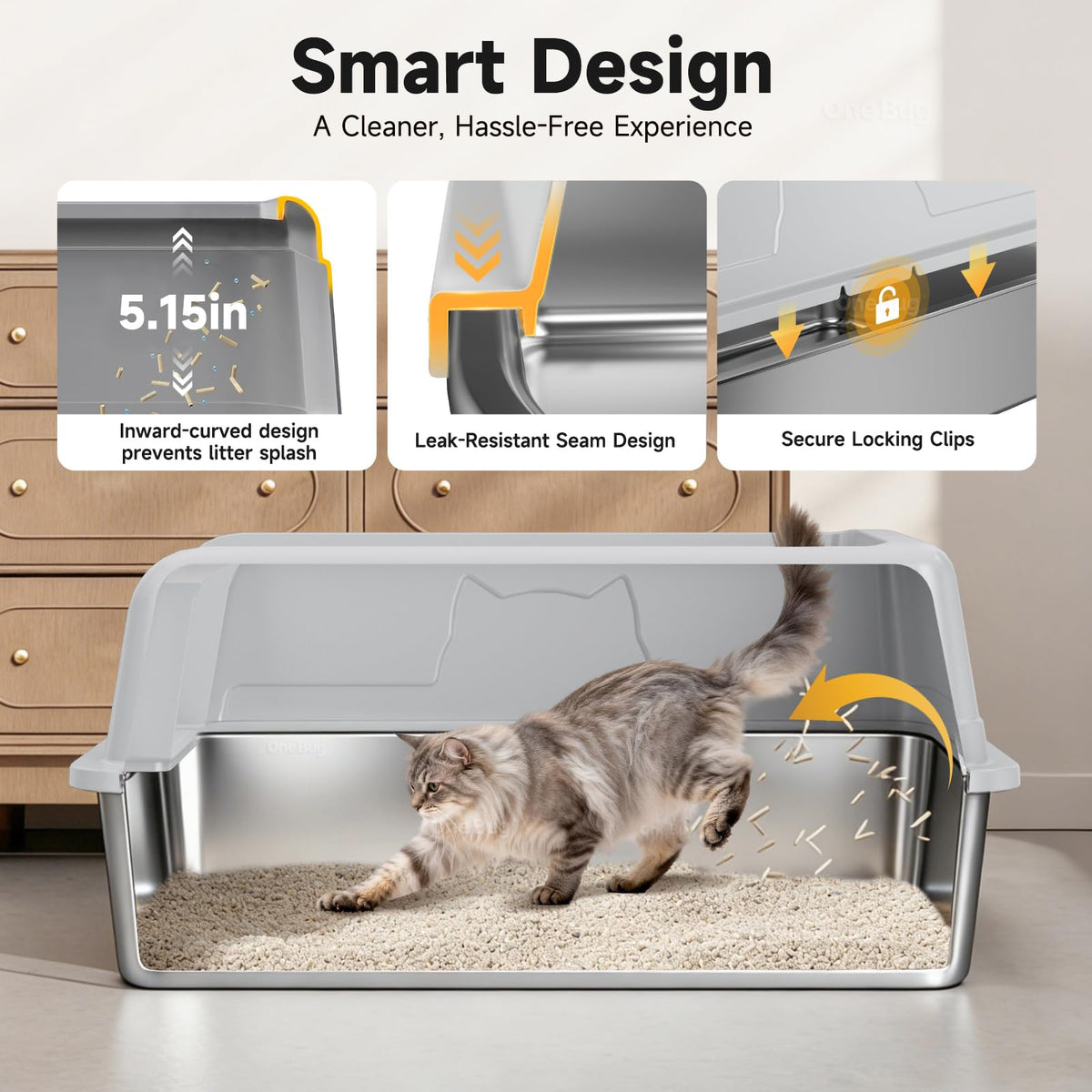 OneBug High-Sided Stainless Steel XL Cat Litter Box for Cats