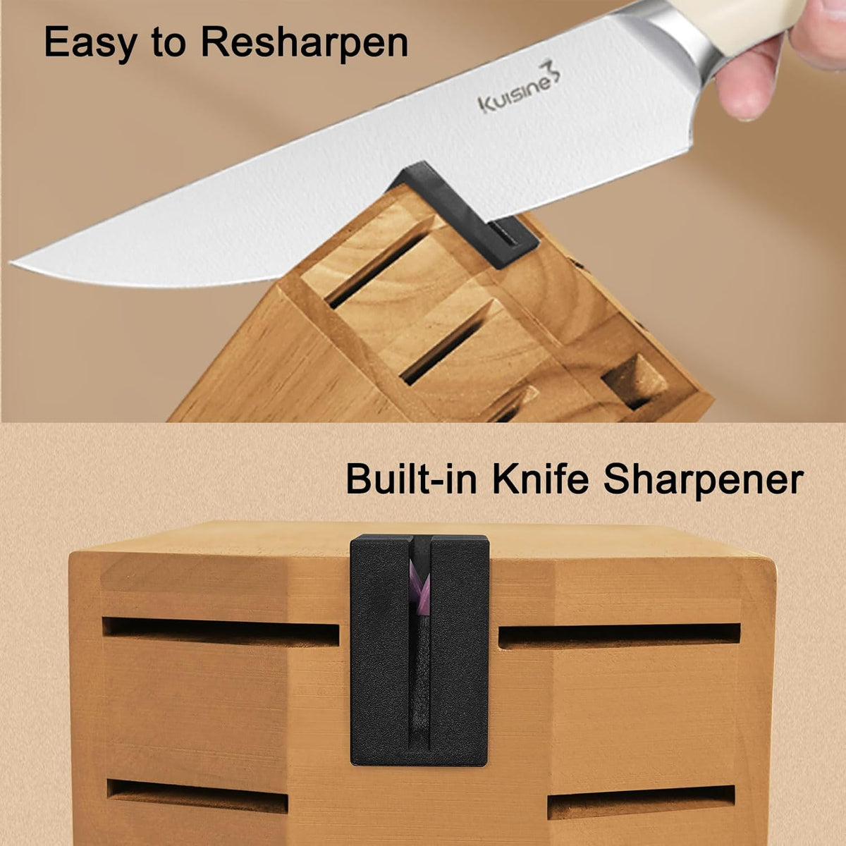 Kuisine Kitchen Knife Set,High Carbon Stainless Steel Ultra Sharp Blade Ergonomic Handle,Knife Block Set with Built-in Sharpener,Elegant Gift for Holiday(Irovy-Acacia,15PCS)