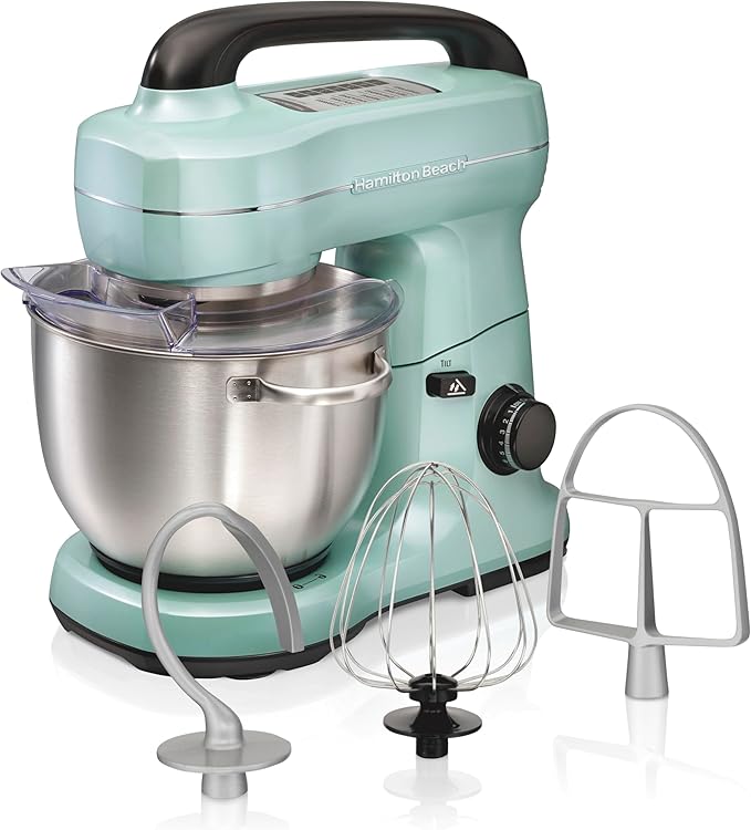 Hamilton Beach Electric Stand Mixer, 4 Quarts, Dough Hook, Flat Beater Attachments, Splash Guard, 7 Speeds with Whisk, Easy-Carry Top Handle, Aqua