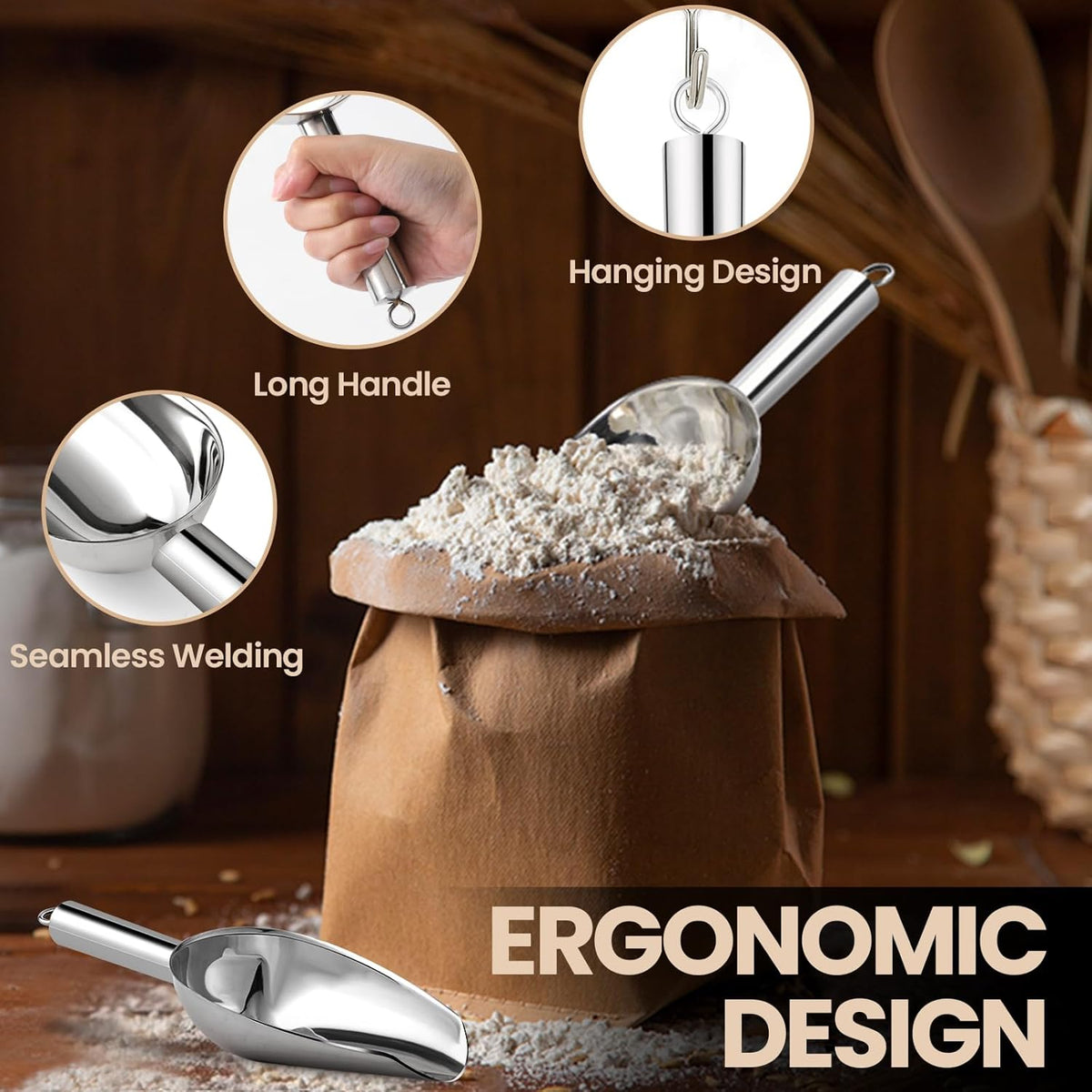 12oz Stainless Steel Ice Scoop for Freezer – Dishwasher Safe Metal Scooper with Long Handle for Ice Machines, Buckets, Dog Food, Flour, and Canisters – Ideal for Bar, Parties & Weddings