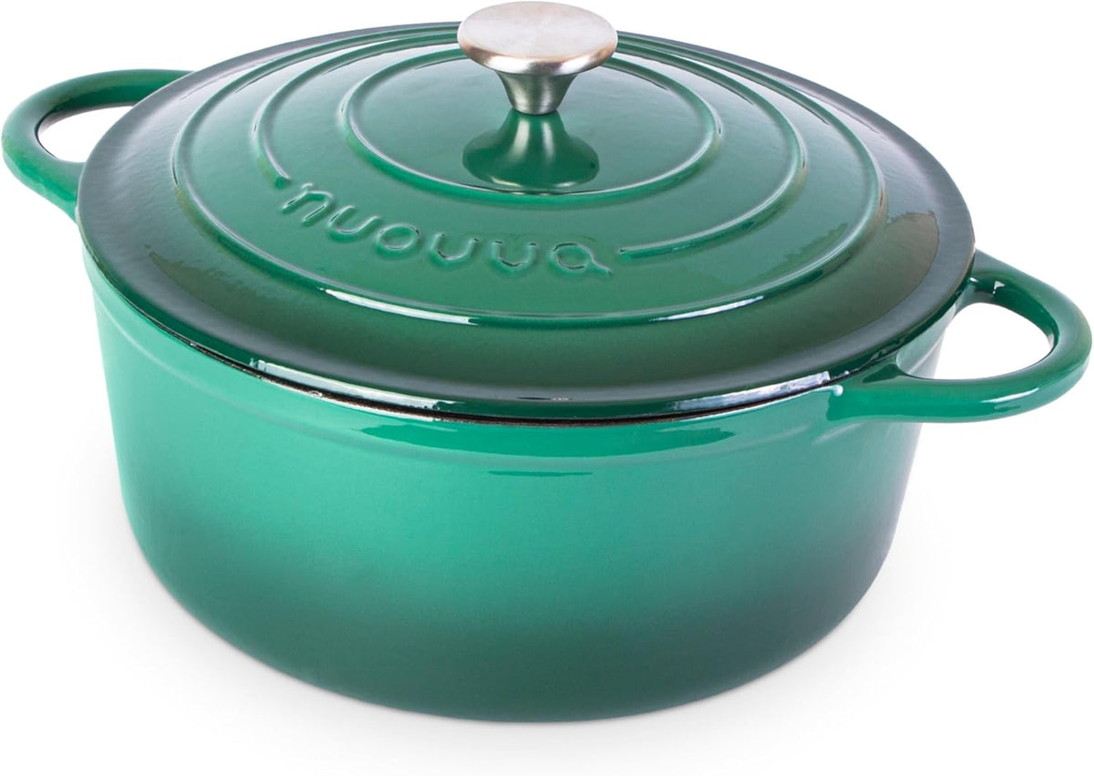 Nuovva Enamelled Cast Iron Dutch Oven Pot with Lid – 6.4 Quart Non Stick Casserole Pot – Heavy Duty & Oven Safe up to 500° F for Bread Baking, Braising, Stews, Roasting – 28cm Dark Green