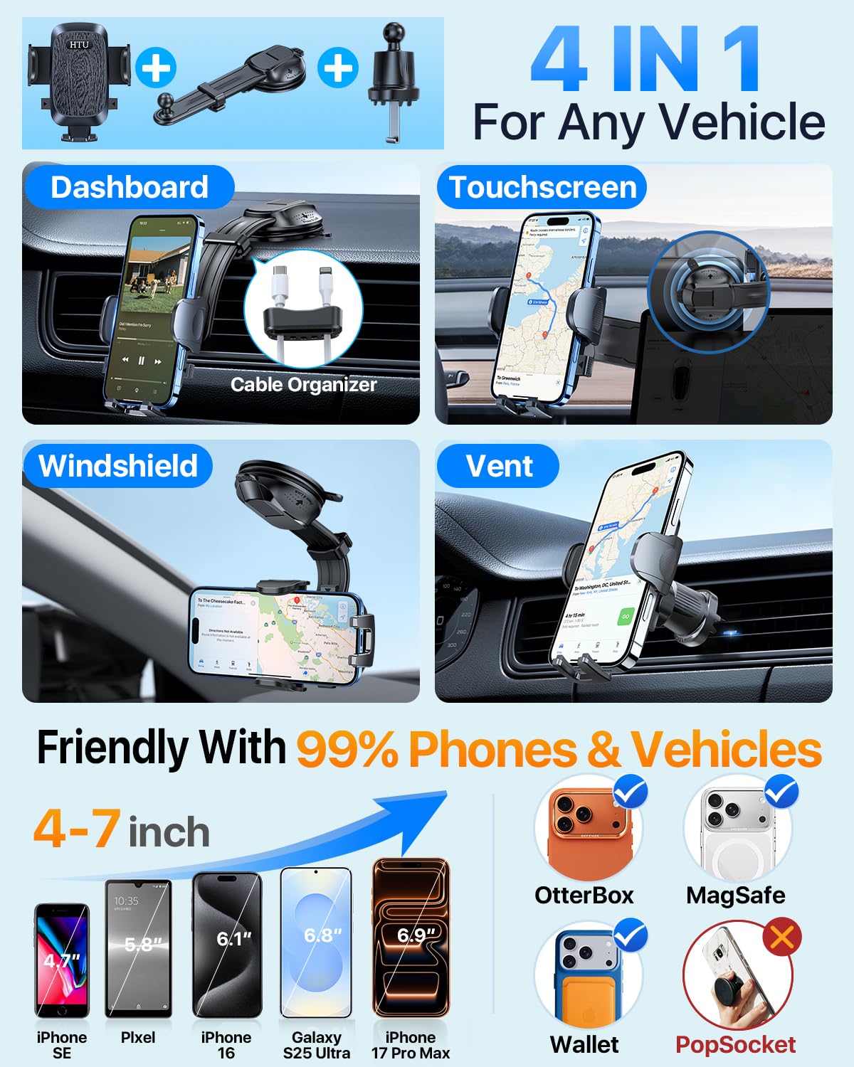 HTU Upgraded Strongest Suction No Block View Bendable Arm Car Phone Holder