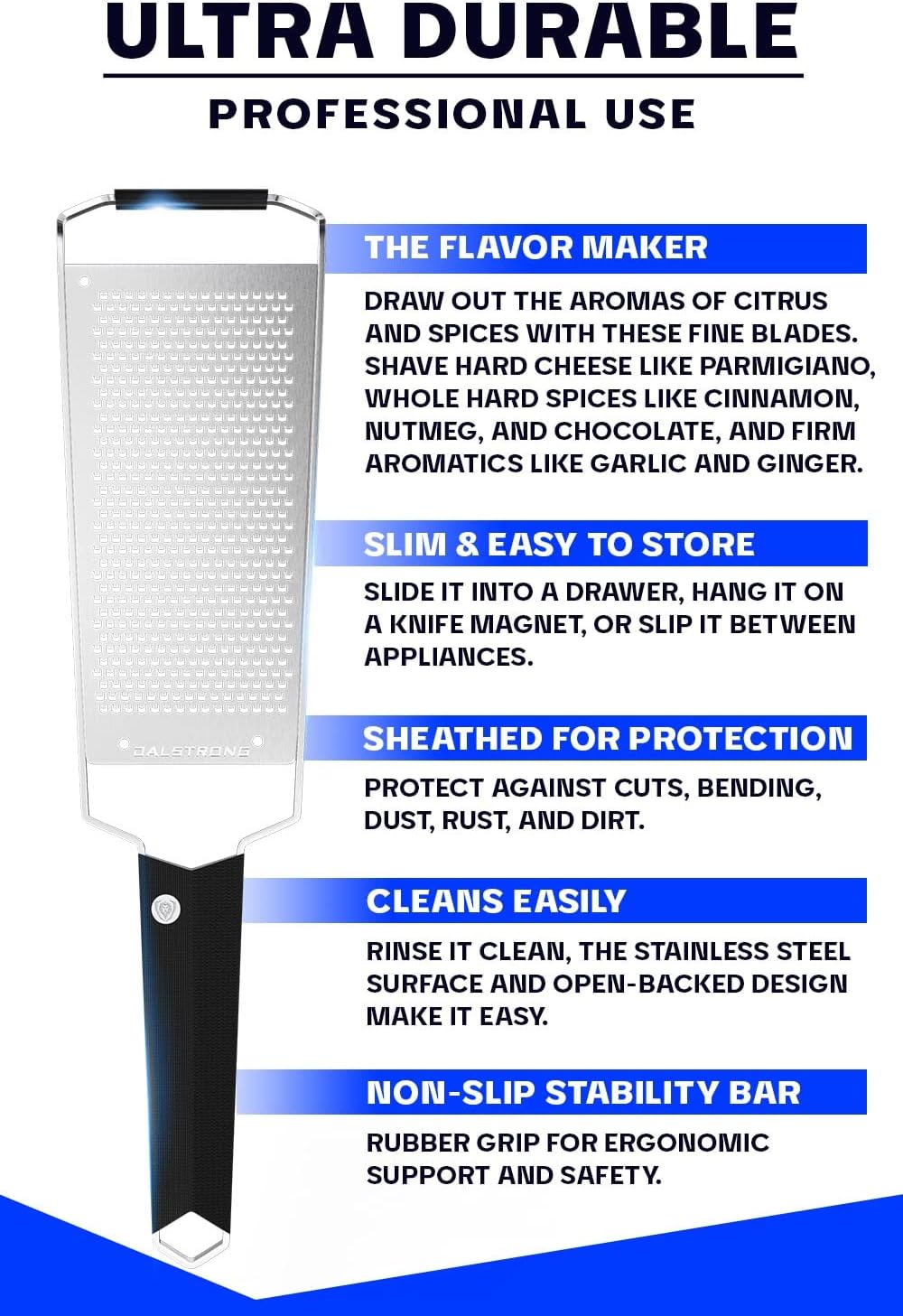Dalstrong Professional Wide Cheese Grater - Fine - #304 Stainless Steel Blade - G10 Handle Kitchen Shredder - w/Blade Guard - Hard Cheese, Parmesan, Spices, Carrot, Garlic, Ginger - NSF Certified