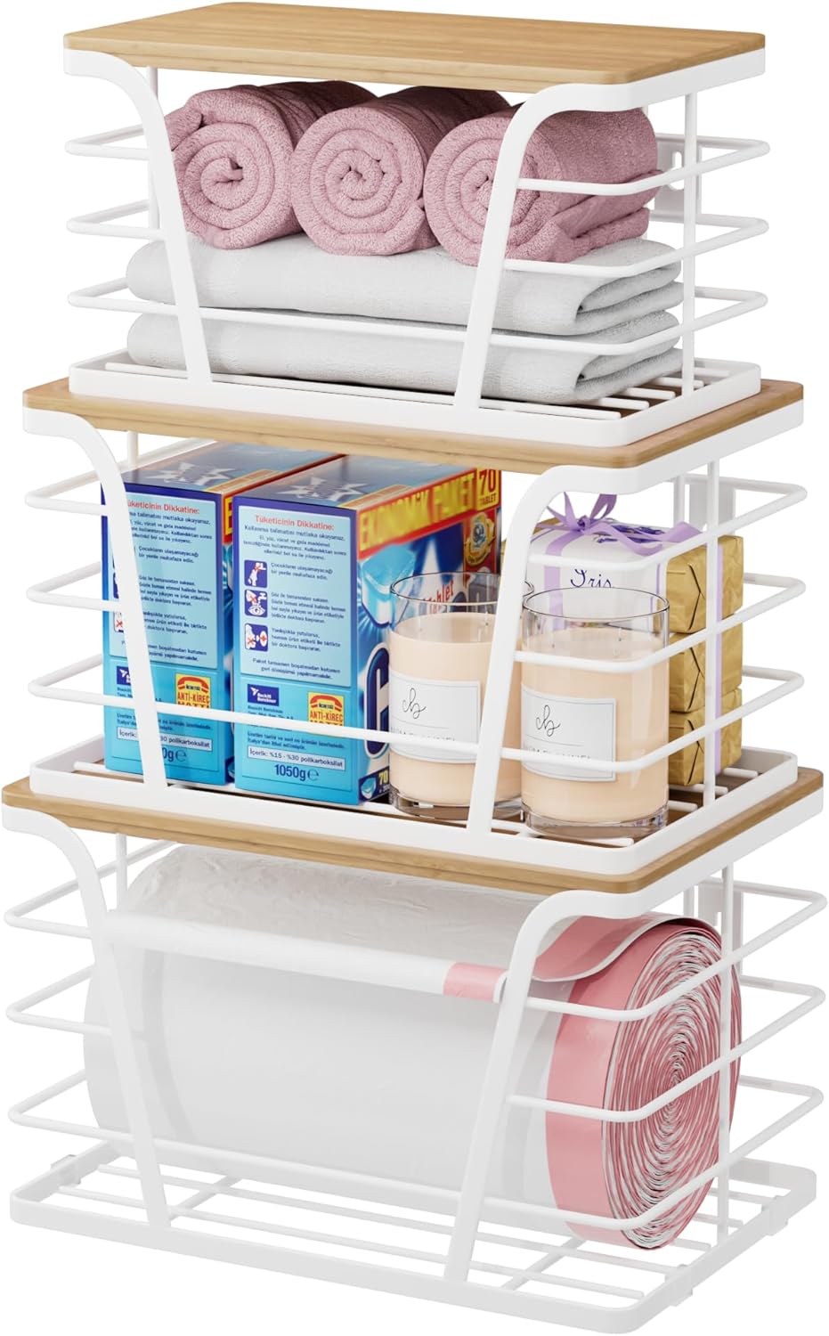 3 Pack Stackable Laundry Room Organization,Trash Bag Dispenser Under Sink, Countertop Organizer, Kitchen Sink Accessories，White