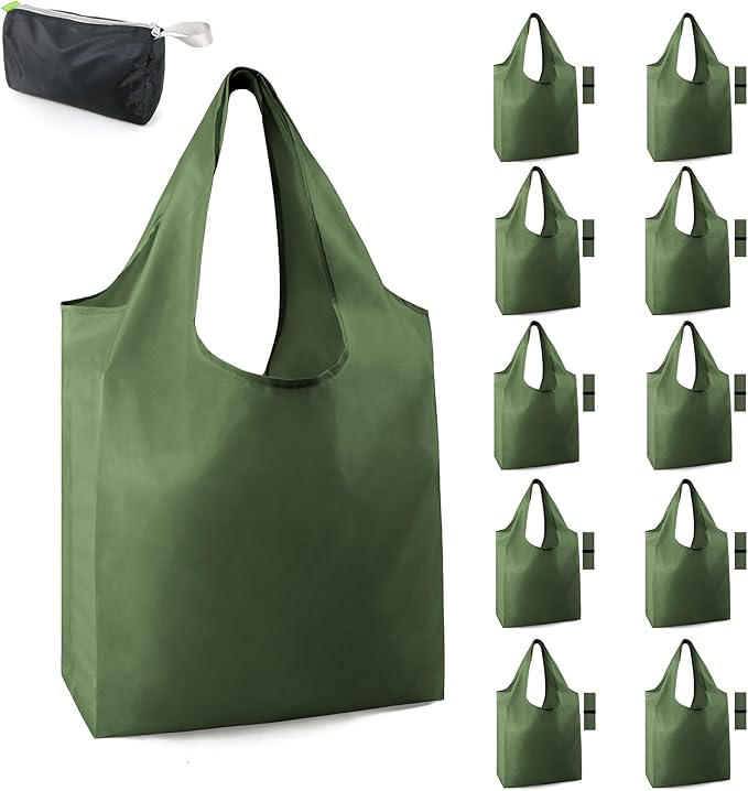 BeeGreen Dark Green Reusable Grocery Bags Bulk 10 Packs, Kitchen Reusable Shopping Bags 50LBS Large, Machine Washable Durable, Easily Foldable with a Storage Bag