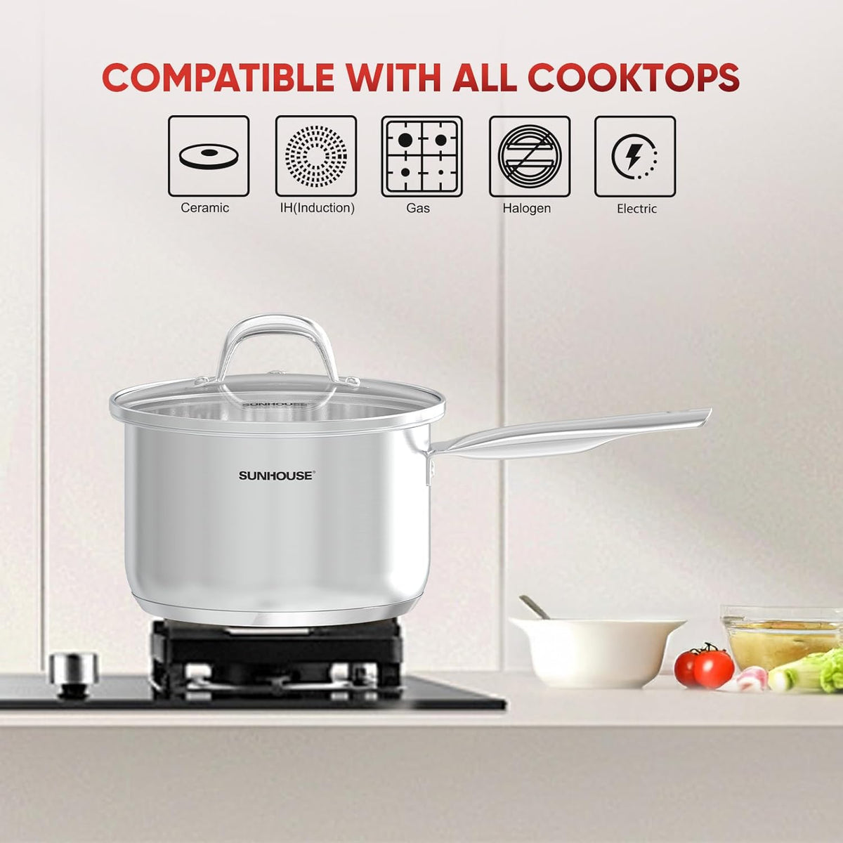 Sunhouse – 3 Quarts Stainless Steel Sauce Pan with Lid - PFOA-FREE, Stainless Steel Sauce Pan, Induction base, Stay-Cool Handle, Compatible with All Cooktops Gas, Geramic, Electric etc.