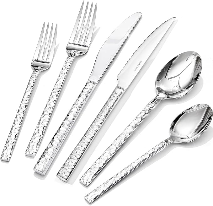 KINGSTONE 24 Piece Silverware Set with Steak Knives, Hammered Silverware Set for 4, 18/10 Stainless Steel Flatware, Cutlery Set for Home, Party, Wedding, Mirror Polished Dishwasher Safe
