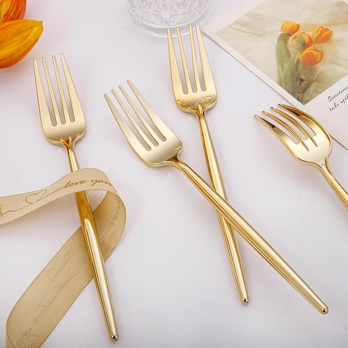 I00000 90 Pcs Gold Plastic Forks,Gold Disposable Utensils, Disposable Heavy Duty Plastic Forks Heat Resistant Perfect for Parties,Wedding,Dinners