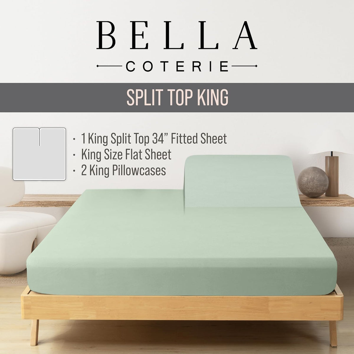Bella Coterie Luxury Bamboo Viscose Split Top King Size Sheet Set | 100% Organically Grown | Ultra Soft | 34" Split | Cooling for Hot Sleepers | 18" Deep Pocket [Sea Glass]