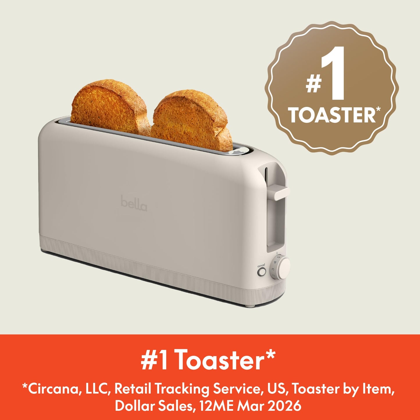 bella Fits-Anywhere™ 2-Slice Slim Toaster, Long Slot & Extra Wide, Oatmilk