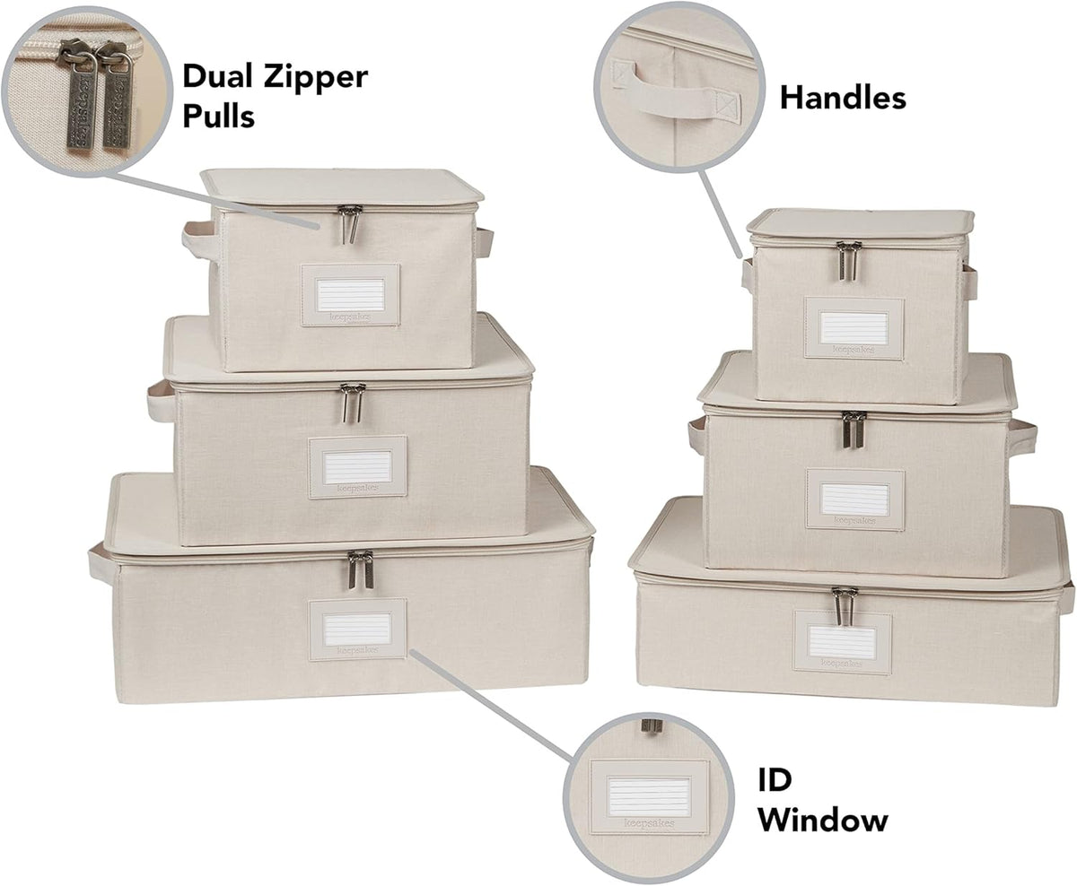 Covermates Keepsakes Dish Storage Box - Stackable, Reinforced Handles, China Storage, Beige Heather
