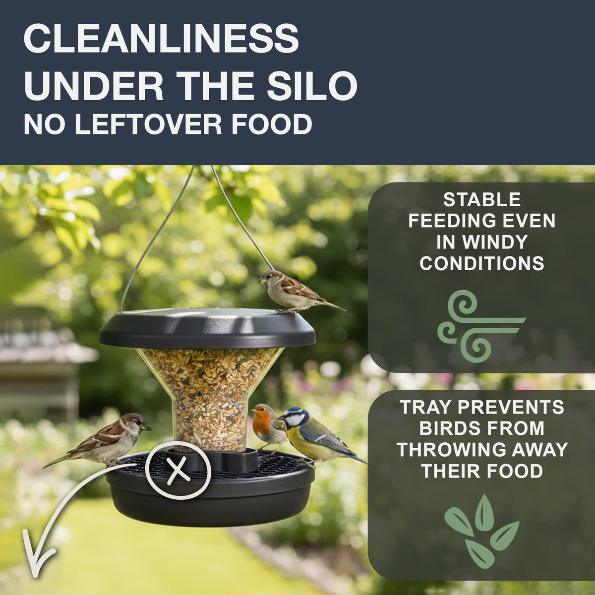 SWISSINNO Squirrel Proof Bird Feeder with Solid Metal Base - No Spill