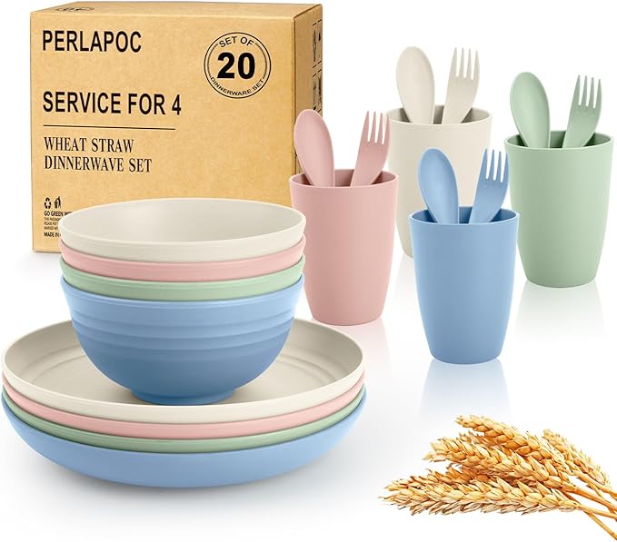 Wheat Straw Dinnerware Sets 20 PCS Service for 4, Unbreakable Kitchen Plates and Bowls Sets, Microwave Dishwasher Safe Dish Set, Outdoor Camping, RV, Apartment Essentials - Colorful
