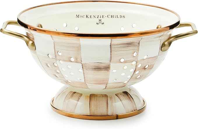 MACKENZIE-CHILDS Enamel Colander, Decorative Kitchen Strainer, Large, Brown-and-White Mocha Check
