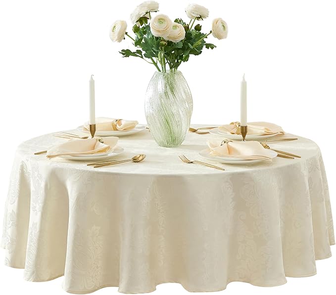 Newbridge Barcelona Luxury Damask Fabric Tablecloth, 70” Round, Antique White, 100% Polyester, No Iron, Soil Resistant Dining Room, Party and Banquet Table Cover