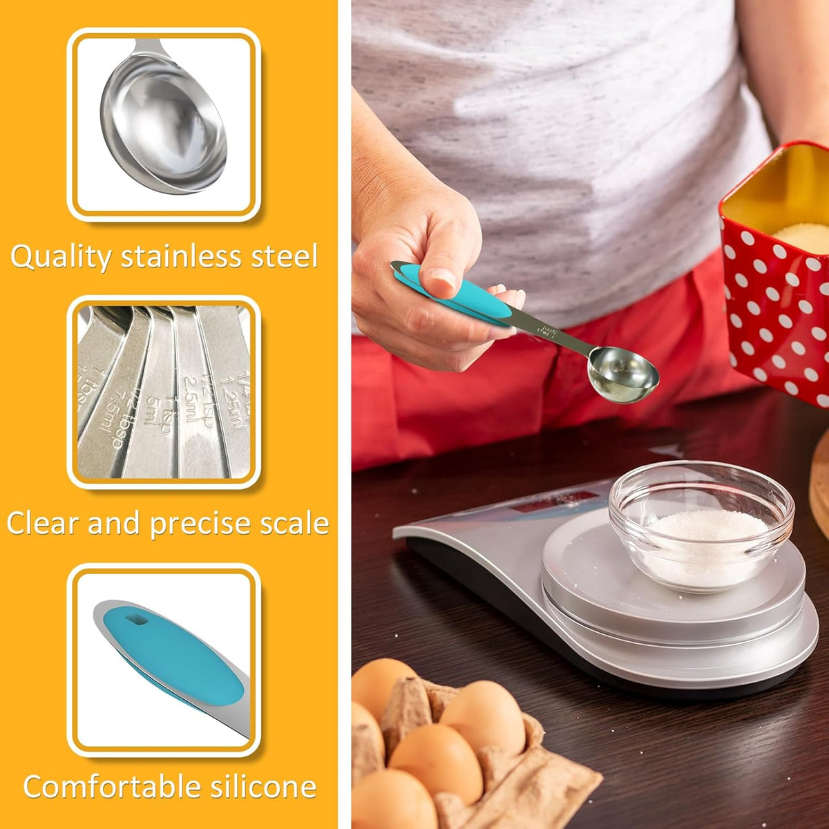 2PCS 1 Tsp(1/3tbsp, 1/6oz, 5ml) Single Measuring Spoon with Blue Silicone Grip, Stainless Steel Individual Measure Scoop Only