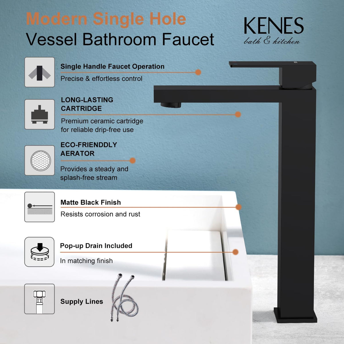 KENES Matte Black Bathroom Faucet Single Handle Tall Vessel Sink Faucet Vanity Bathroom Faucet Basin Mixer Tap with Water Supply Hose and Pop Up Sink Drain, LJ-9031A-2
