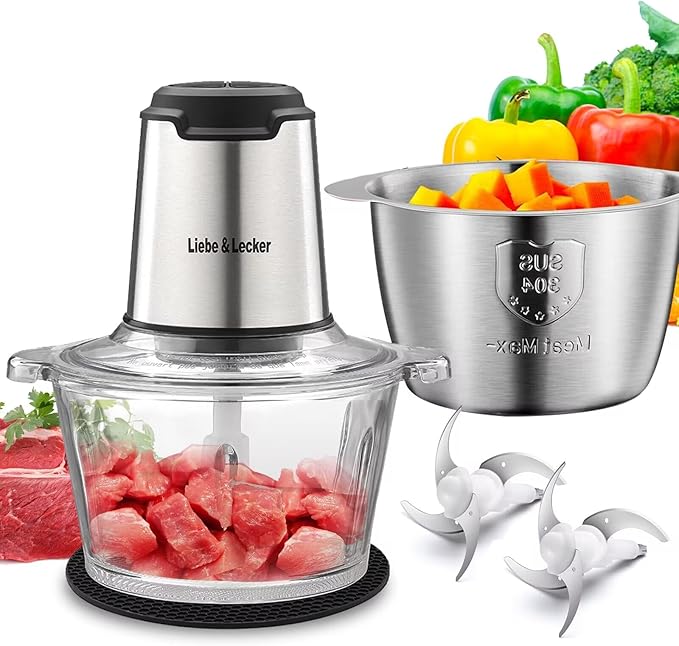 Liebe&Lecker Food Processor, Meat Grinder with 2 Bowls 8 Cup and 8 Cup, Food Chopper Electric Vegetable Chopper with 4 Large Sharp Blades for Fruits, Meat, Vegetables, Baby Food, Nuts, 2 Speed.