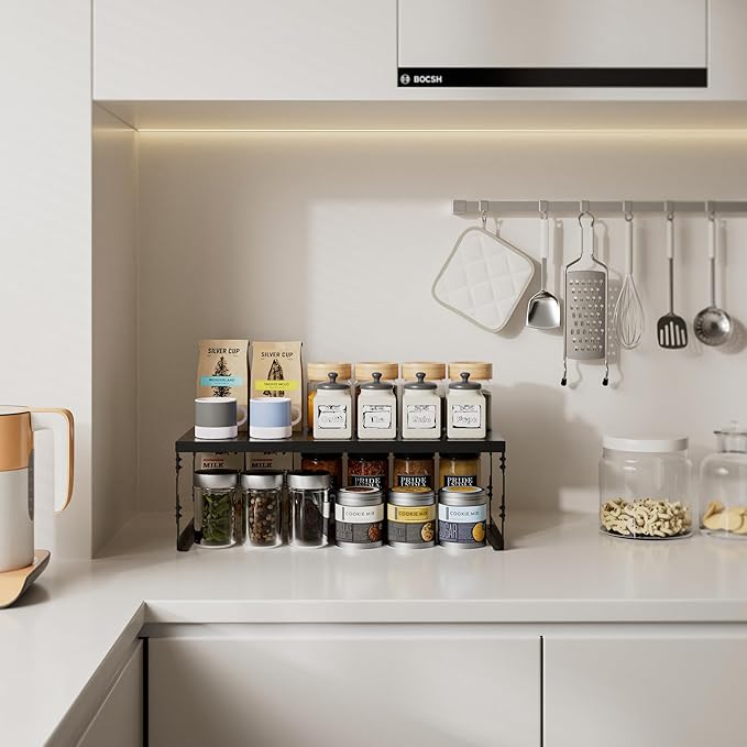 Stackable Expandable Metal Shelf Organizer - Adjustable Wire Storage Rack with Holes for Kitchen, Bathroom, Cabinet, Office - Space Saving, Durable & Sturdy Design（3PACKS/Medium/Black