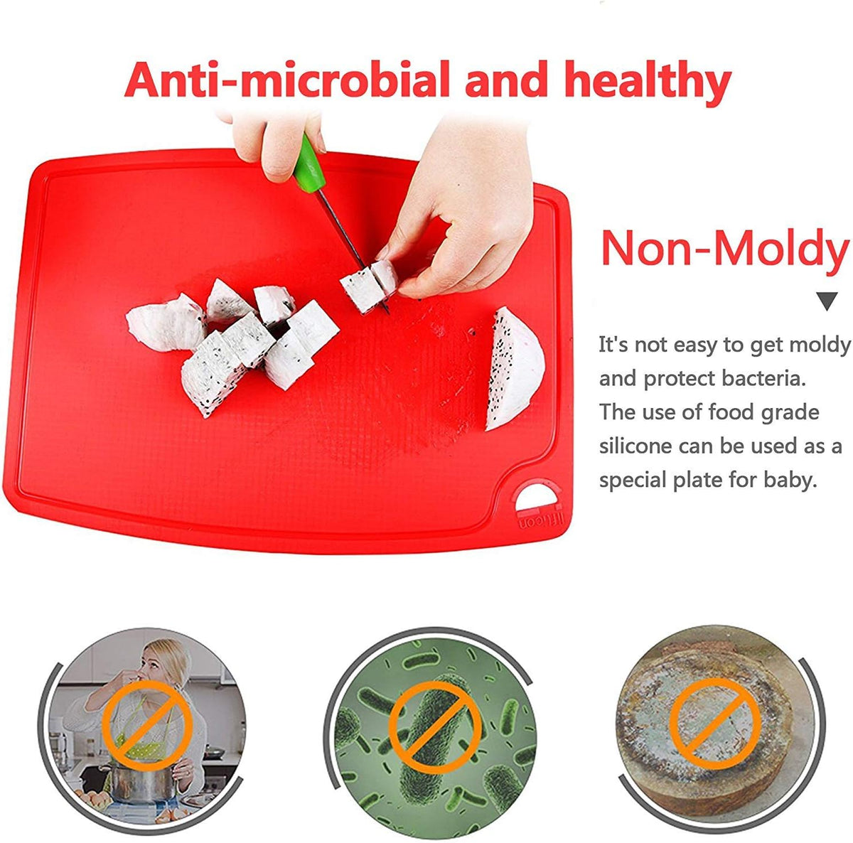 Silicone Thick Cutting Boards Mats Set of 3pcs Foldable & Flexible Design Juice Grooves Easy Grip Handle Dishwasher Safe for Kitchen,BPA free Silicone Cutting Boards/Mats-Red