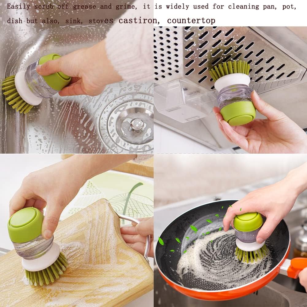 Dish Brush with Soap Dispenser, Dishwashing Kitchen Scrub Brushes Dish Scrubber with Holder Drip Tray, for Cleaning Pan, Pot, Sink