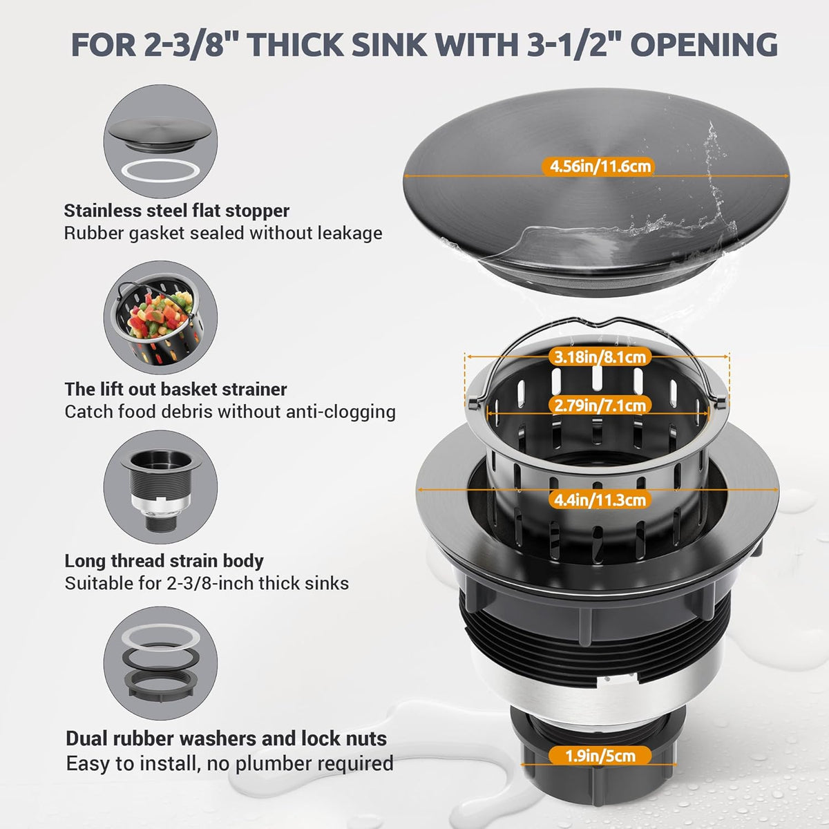 BOTEMY Stainless Steel Black Sink Drain Strainer 3-1/2'' Kitchen Sink Drain Assembly Kit with Removable Deep Sink Strainer Basket & Sink Stopper Flat Cover Replacement for Home Standard Kitchen Sinks
