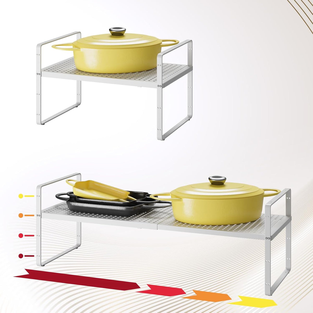 Hole Pattern Expandable Shelf Organizer,1Pack 10.2" Wide Easy to Assemble Cabinet Organizer Shelf, 16.5~27.1" Adjustable Height&Stackable Spice Organization for Cupboard, White