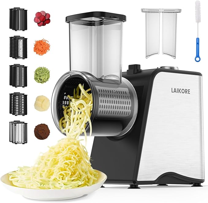 Electric Cheese Grater - 250W Electric Slicer Shredder Salad Maker with 5 Blades for Cheese, Vegetables, Fruits, and Salad, Easy One-Touch Control，5 in 1，Silver