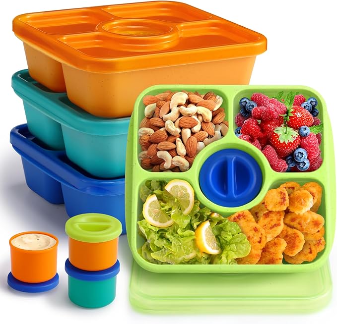 QQKO Bento Snack Box Containers for Adults Kids, 4 Pack Lunchable Meal Prep Containers Reusable, Stackable Bento Lunch Box, Food Storage Prep Containers with Lids and 4 Sauce Cups, Jewel Color