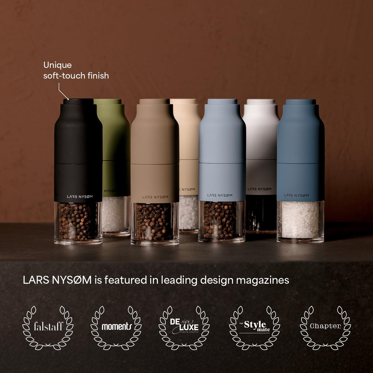 LARS NYSØM Salt and Pepper Grinder Set, Stainless Steel Manual Salt and Pepper Mills, Adjustable Ceramic Grinder, Design Spice Shakers (Black/White)
