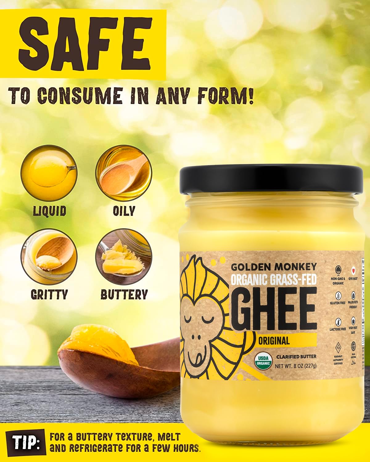 GOLDEN MONKEY Organic Ghee Butter – Grass Fed Clarified Butter for Cooking, Baking, Keto & Gut Health – Ghee Butter Organic Grass Fed from Small Farms – Smooth Spread with High Smoke Point (8oz)