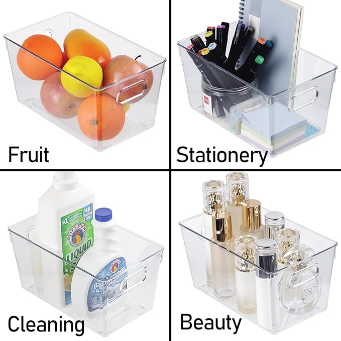 6pcs Plastic Storage Bin 2-Size Clear Storage Containers for Kitchen Pantry Organization and Storage Bins, Organizing Bins with Built in Handles, Cabinet Organizers, Clear